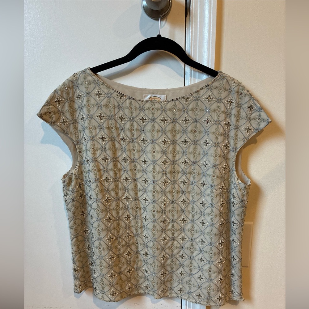 Talbots embroidered beaded silk short sleeve top beige size 12 NWT